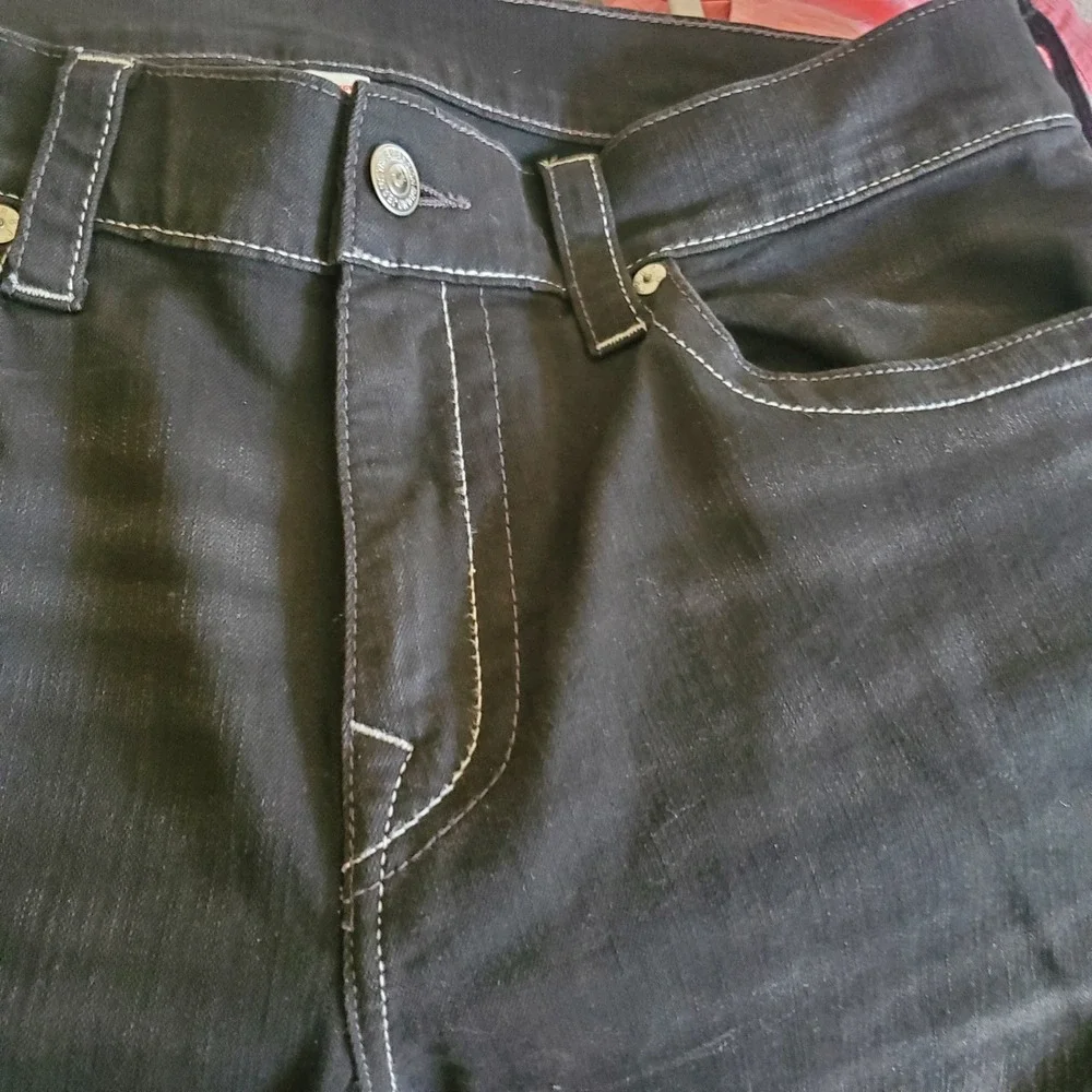 True Religion Geno Relaxed Slim Jeans Black Contrast Stitching Mens 38x32